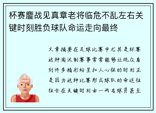 杯赛鏖战见真章老将临危不乱左右关键时刻胜负球队命运走向最终